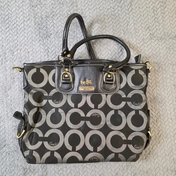 Coach Signature Op Art Satchel 12693 Black Gray Canvas Leather Handbag Purse - Picture 2 of 12